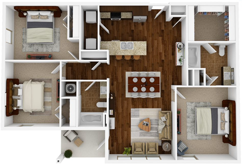 Floor plan for 3 beds, 2 baths, 1349 sqft